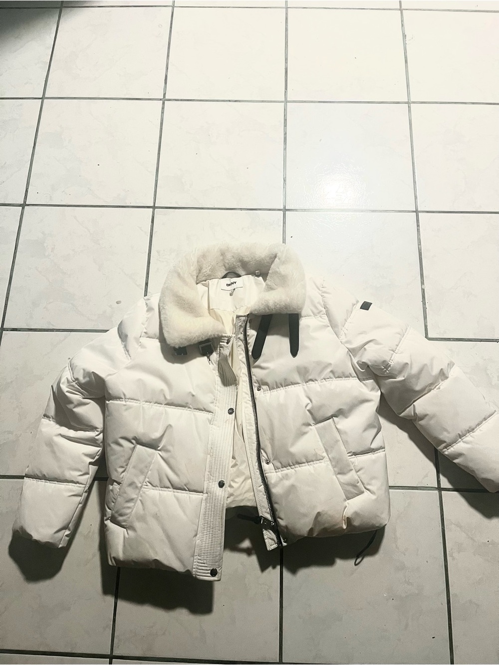 DKNY Cream-White Puffer Jacket with Faux Fur Collar